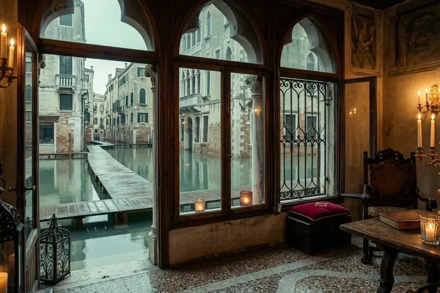 Raised passerelle walkways over a flooded campo during acqua alta.