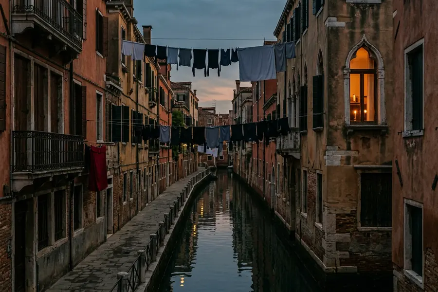 A quiet residential canal in Cannaregio at dusk, the sestiere most Venice venues sit in.